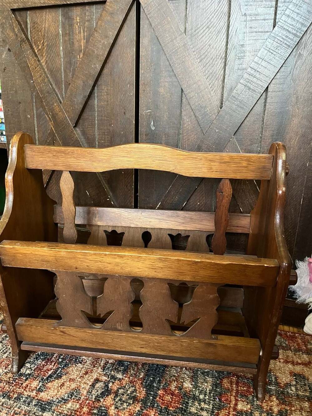 Vintage Wooden Magazine Rack with Floral Cutout Motif